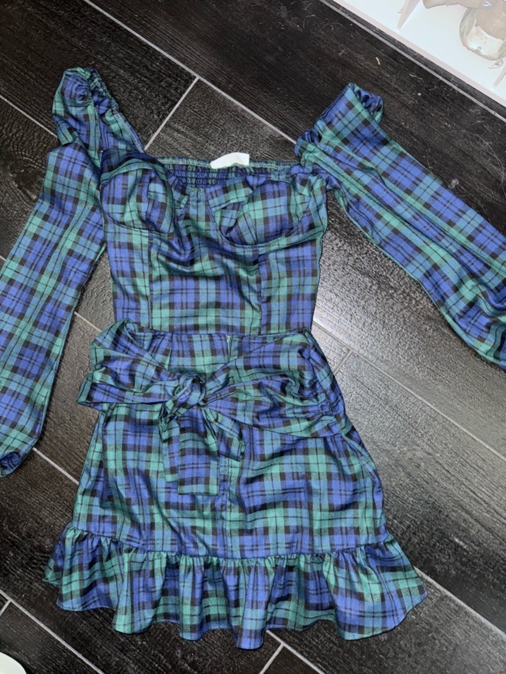 Lain the Label Plaid Off-Shoulder Ruffled Mini skirt and top in Blue & Green